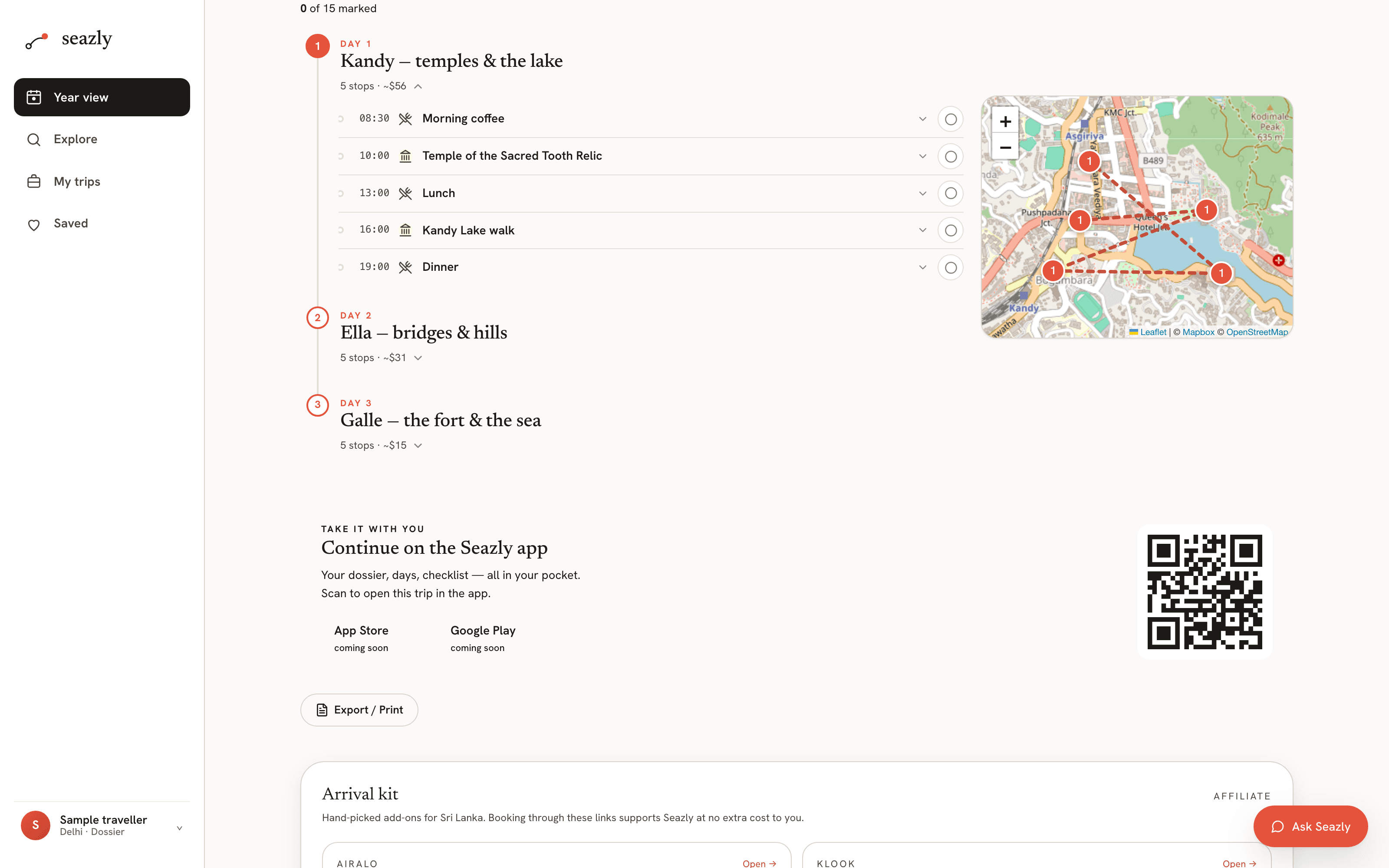 Seazly interactive dossier — a real Sri Lanka trip: Kandy, Ella, Galle with per-day timeline and map