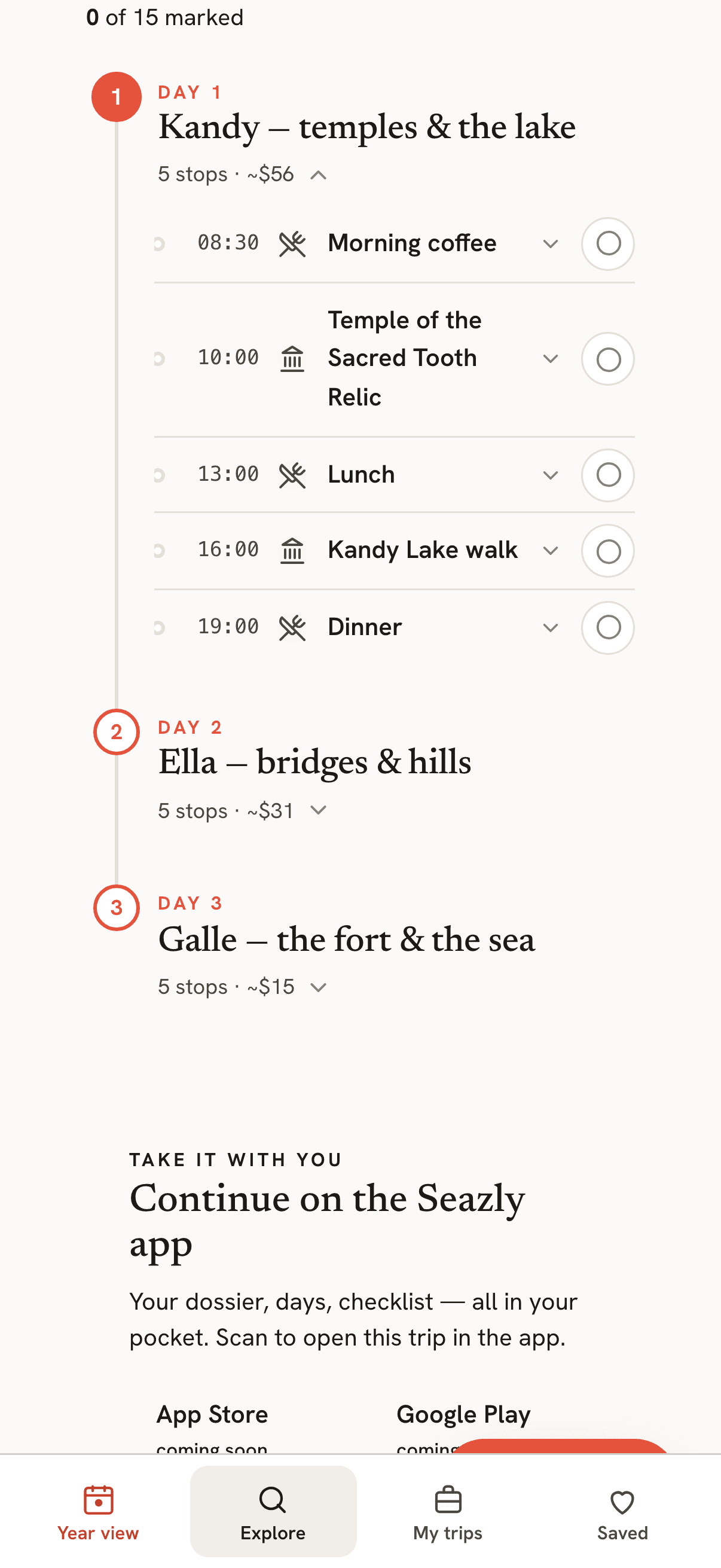 Seazly mobile dossier — Kandy day-by-day timeline